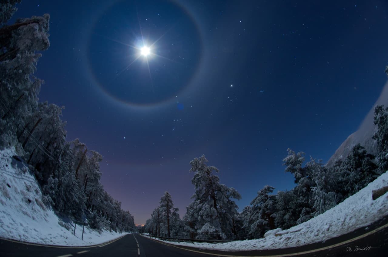 Quadruple Lunar Halo Over Winter Road Image